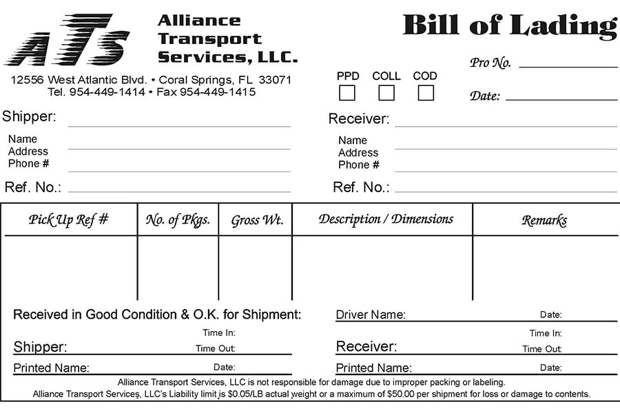 Коносамент Bill of Lading ATS пример документа