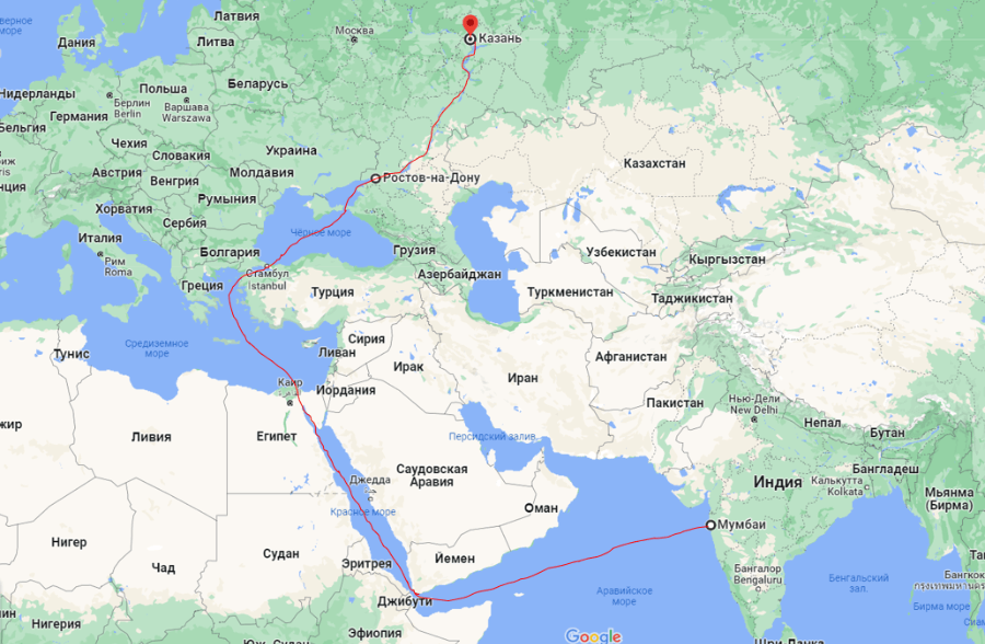 Карта доставки Индия-Казань